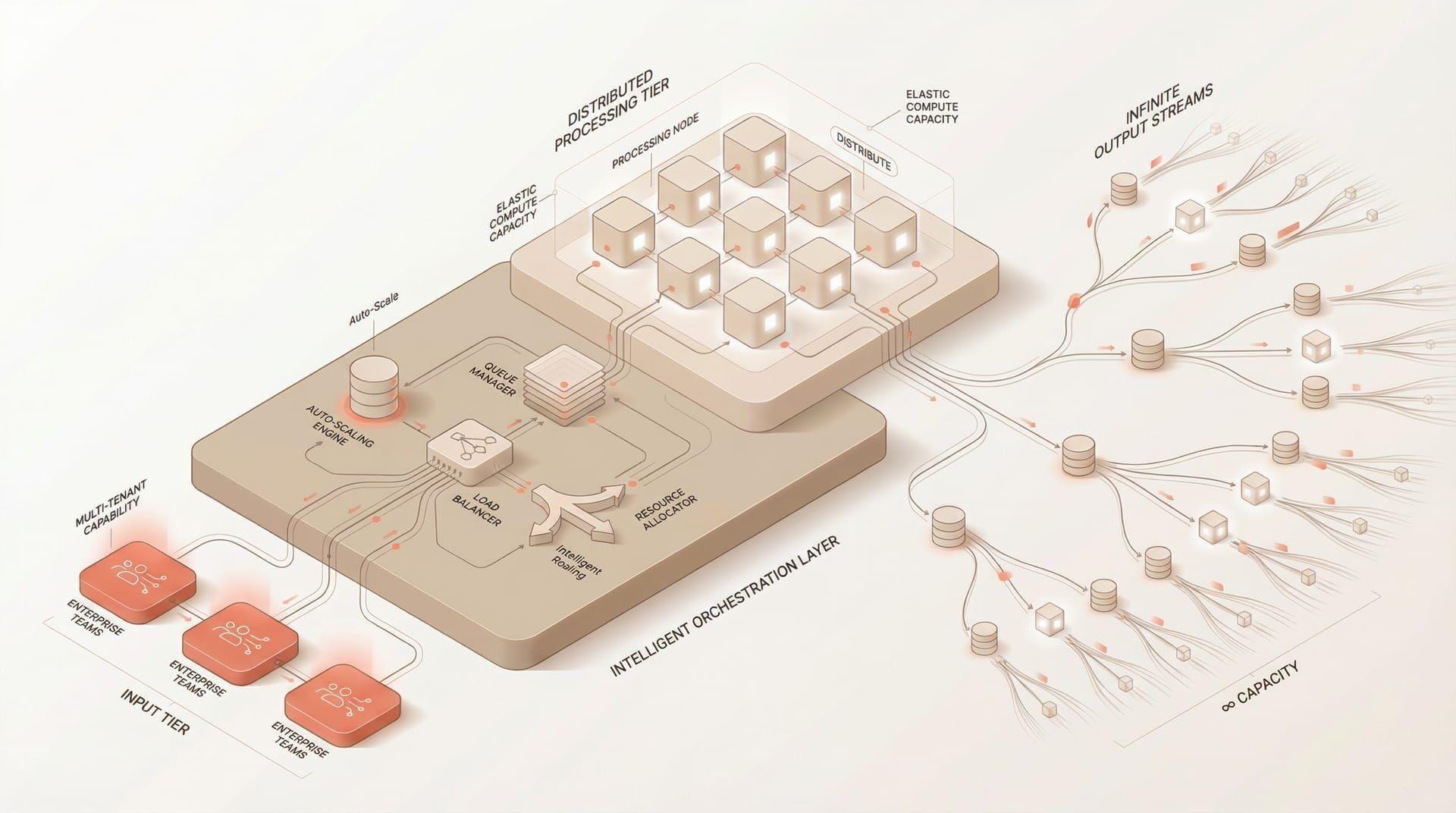 Enterprise architecture diagram showing distributed processing, auto-scaling, and infinite output streams