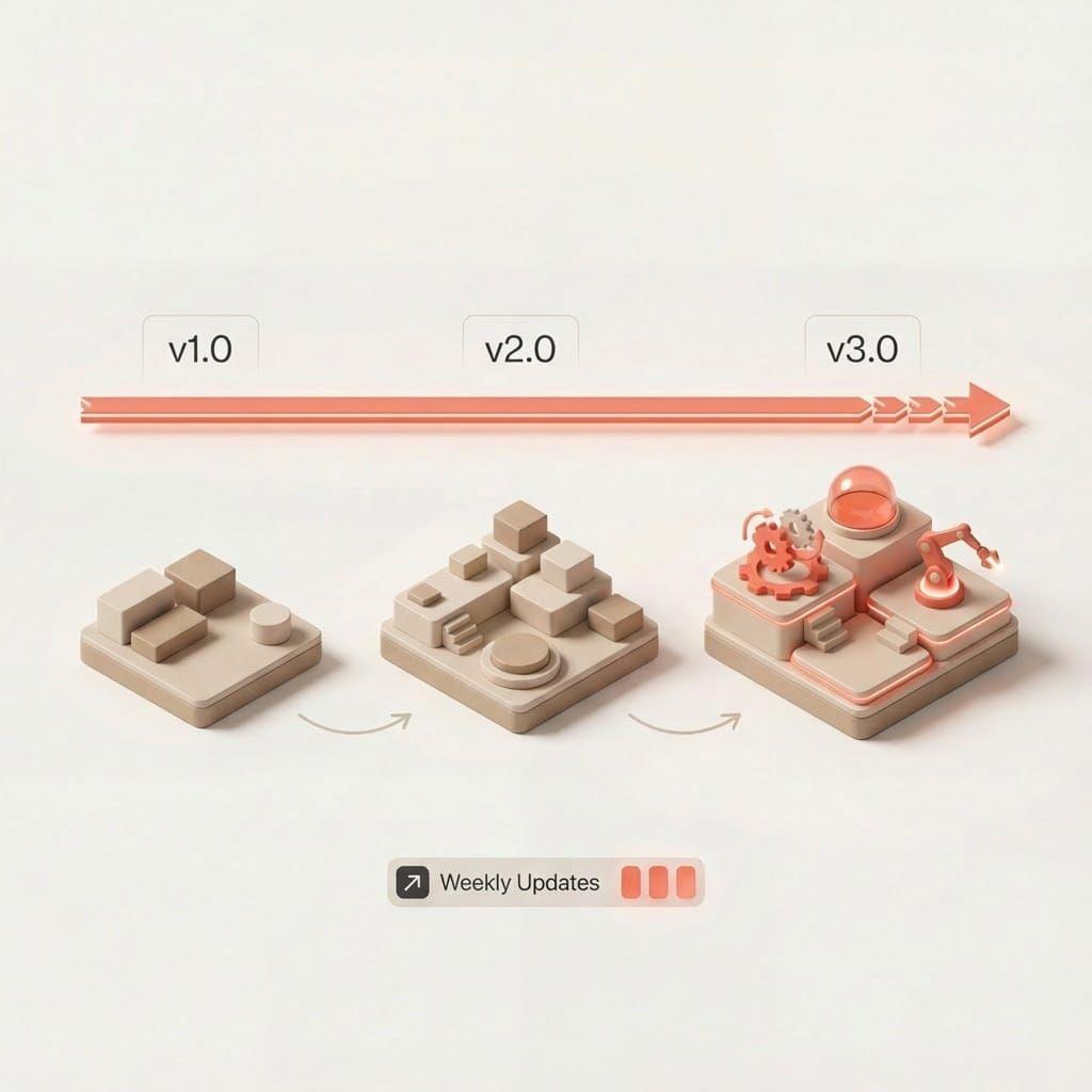 Visualization showing Flik evolving from v1.0 to v3.0 with weekly updates