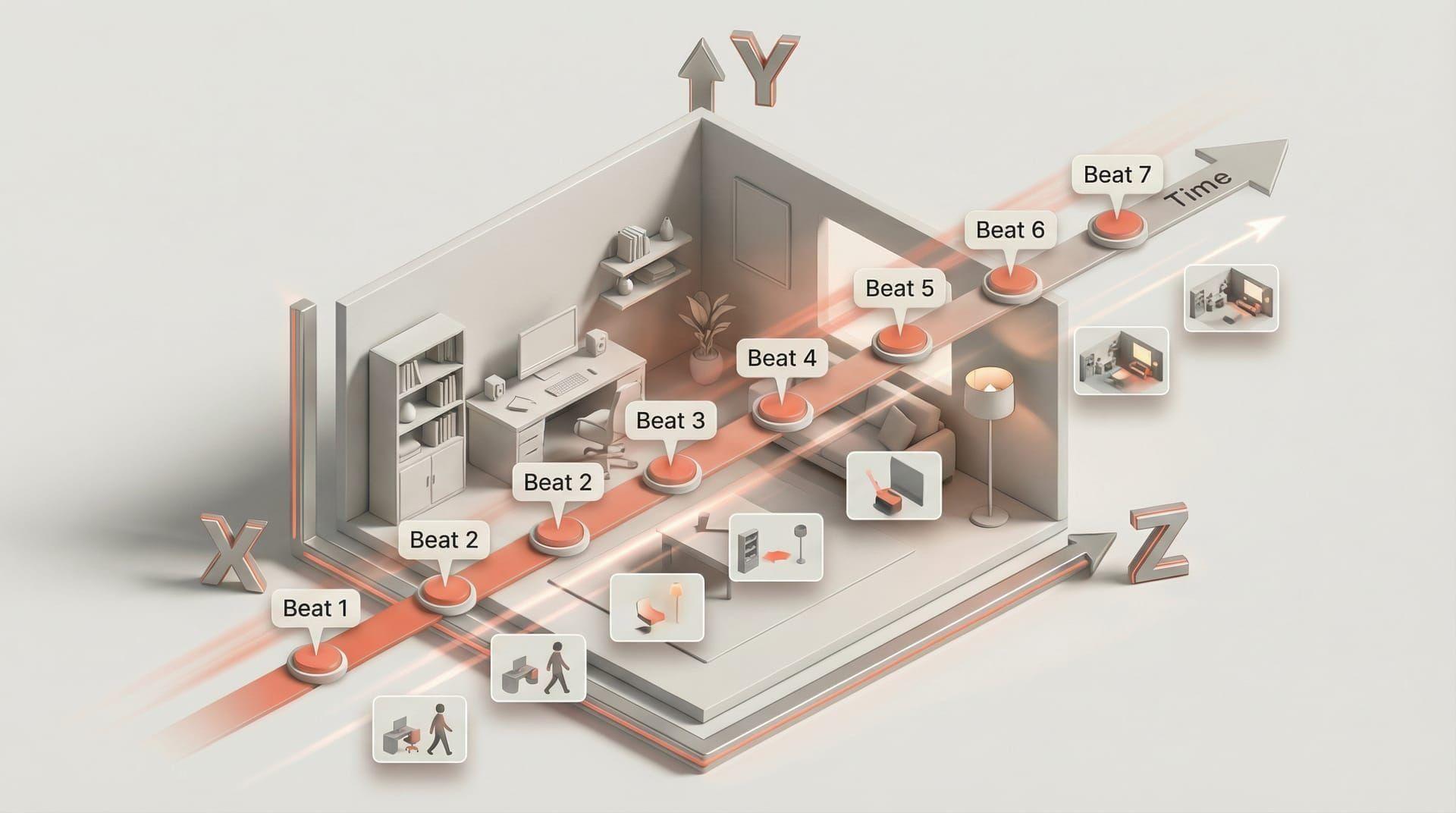 Tesseract spatial-temporal model - 3D room with beats tracking through space and time